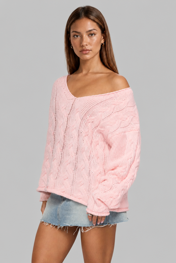 Oversized Cable Knit V-Neck Jumper