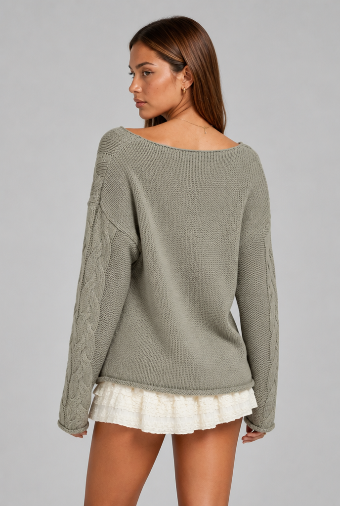 Oversized Cable Knit V-Neck Jumper