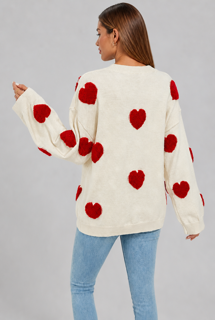Oversized Crew Neck Jumper with Heart Appliqués