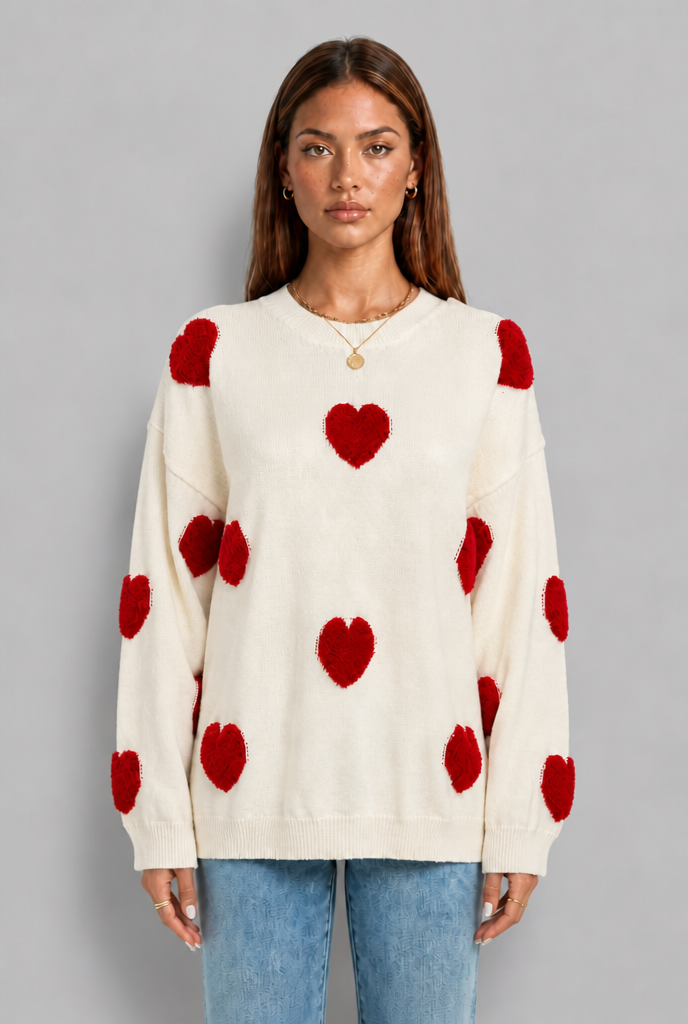 Oversized Crew Neck Jumper with Heart Appliqués