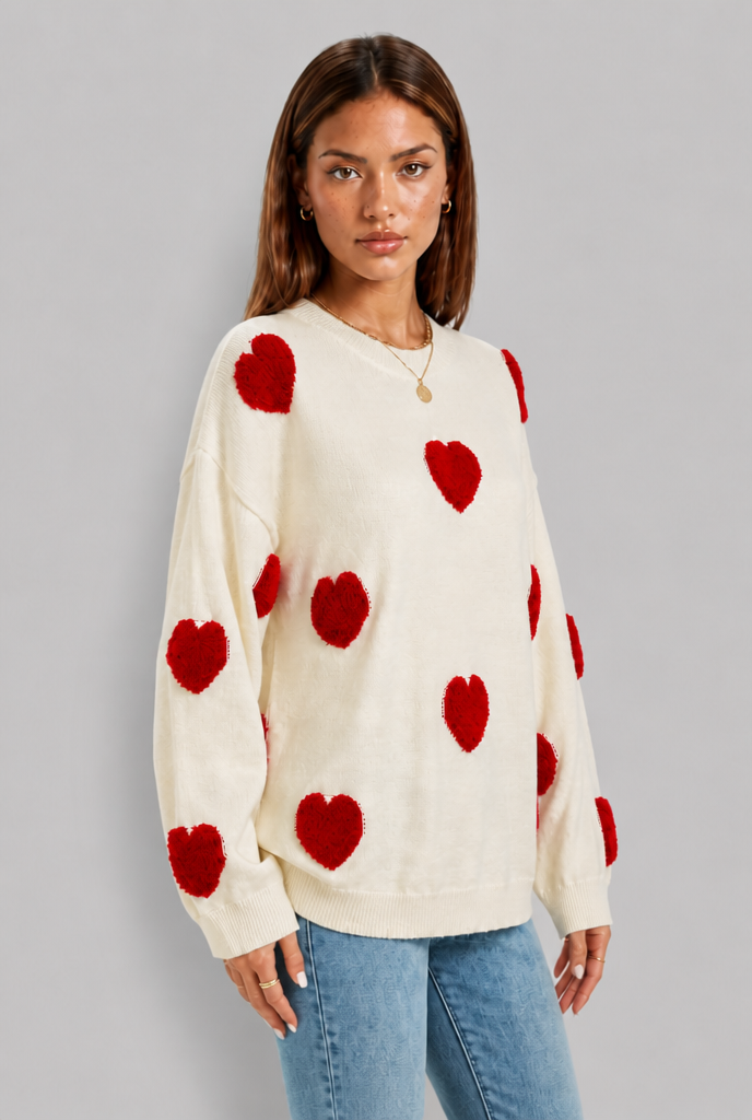 Oversized Crew Neck Jumper with Heart Appliqués