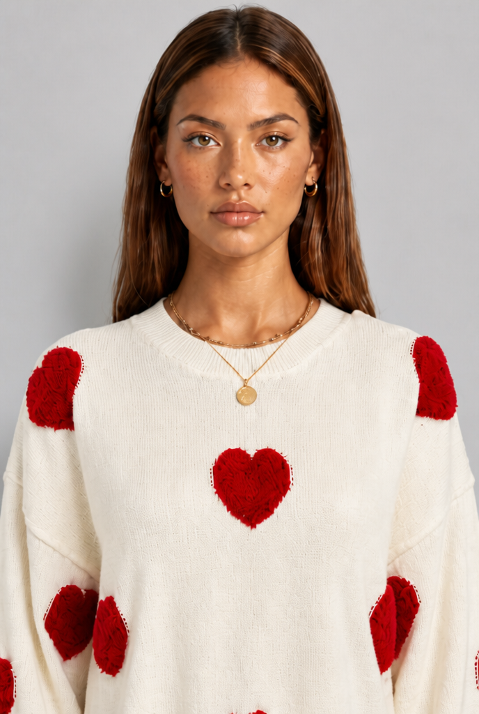 Oversized Crew Neck Jumper with Heart Appliqués