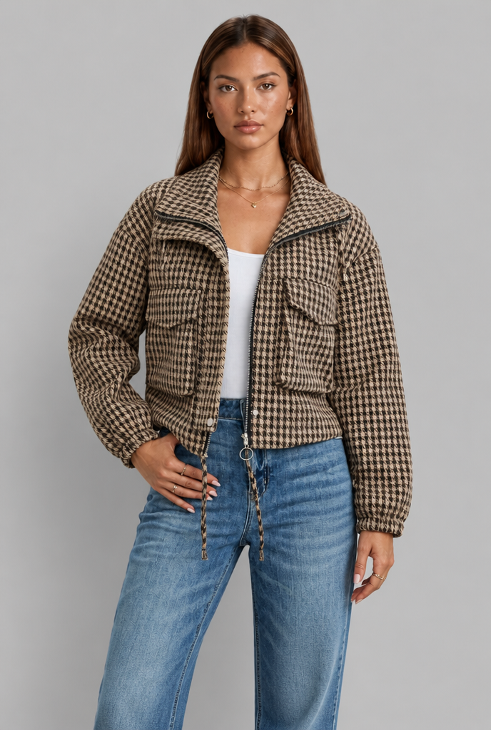 Cropped Houndstooth Zip Jacket with Drawstring Hem