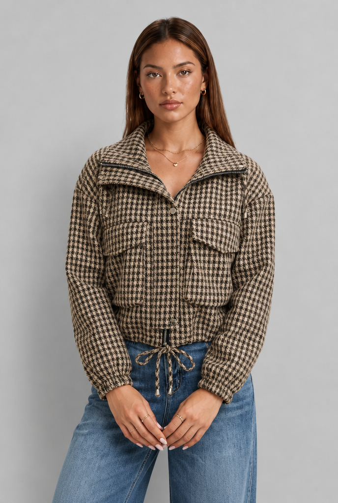 Cropped Houndstooth Zip Jacket with Drawstring Hem