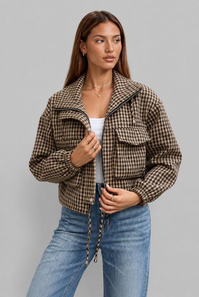 Cropped Houndstooth Zip Jacket with Drawstring Hem