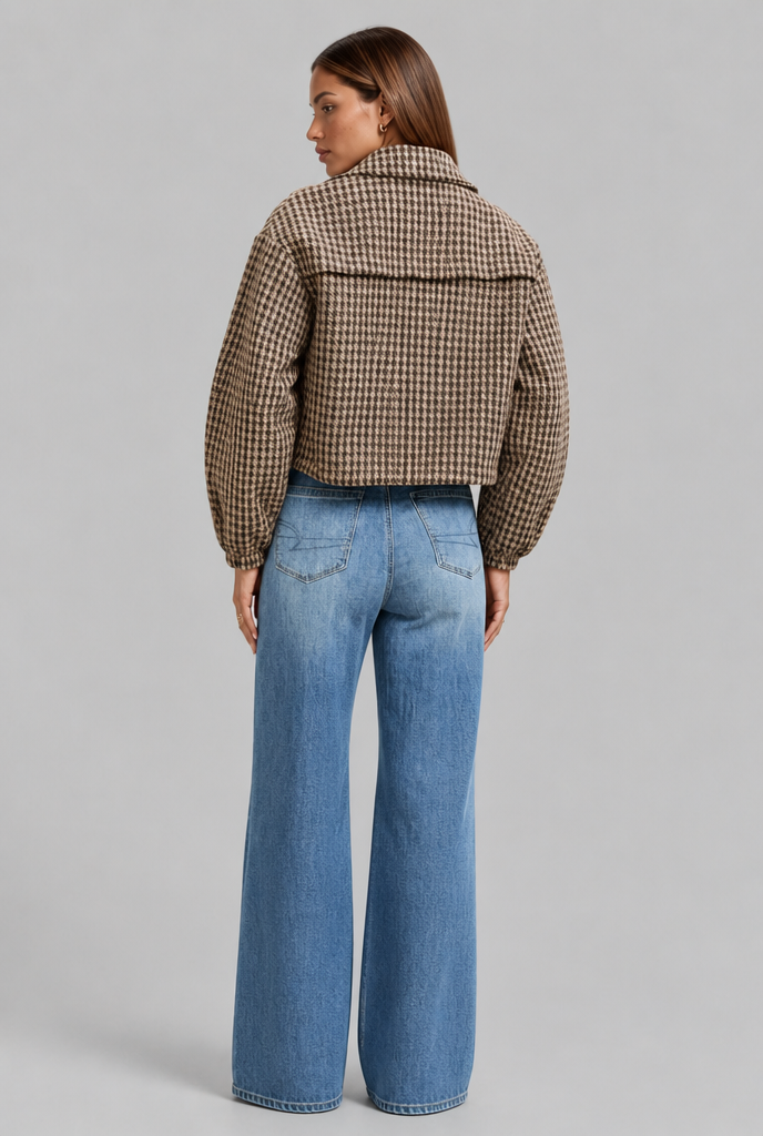 Cropped Houndstooth Zip Jacket with Drawstring Hem