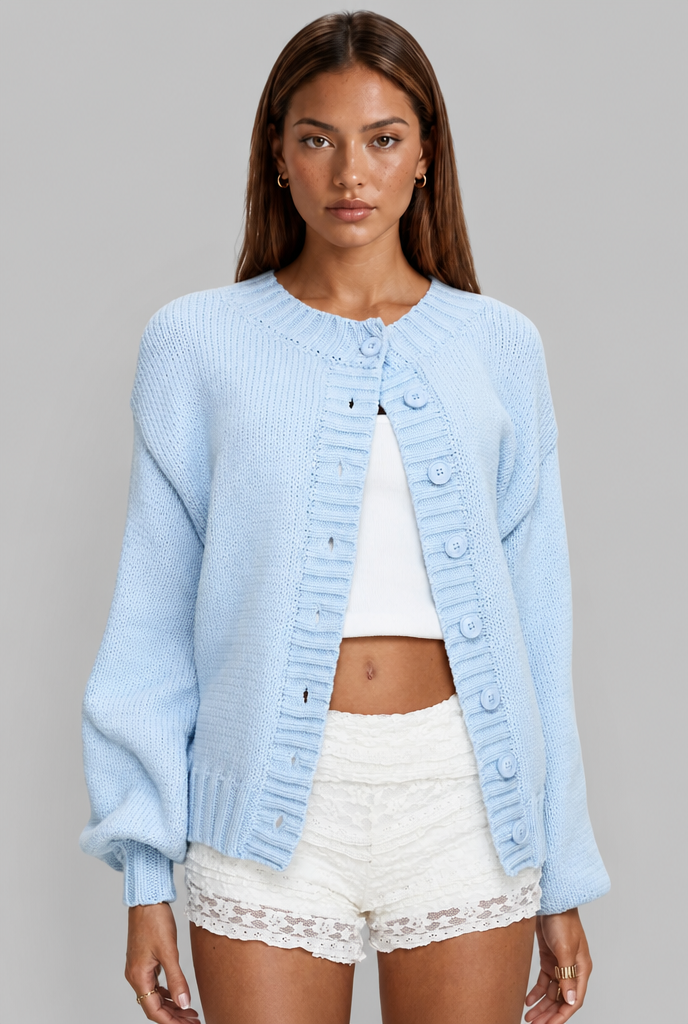 Oversized Ribbed Cardigan with Balloon Sleeves