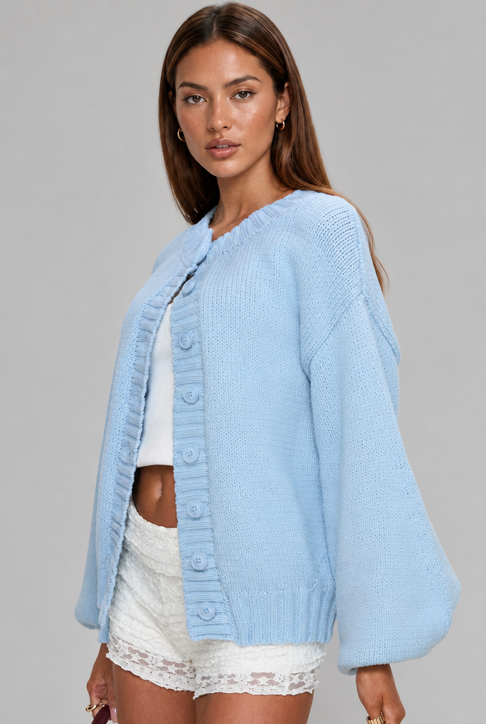 Oversized Ribbed Cardigan with Balloon Sleeves