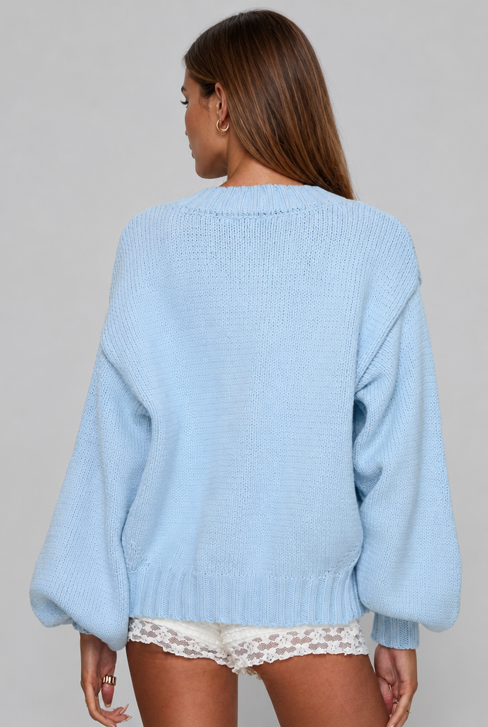 Oversized Ribbed Cardigan with Balloon Sleeves