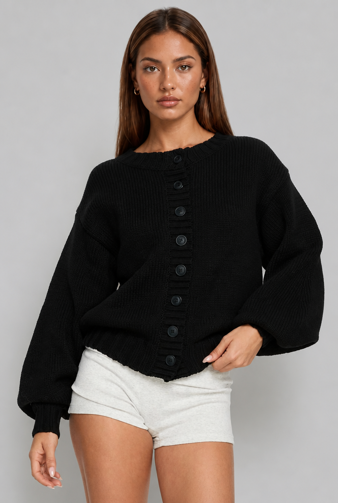 Oversized Ribbed Cardigan with Balloon Sleeves