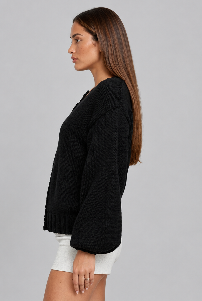 Oversized Ribbed Cardigan with Balloon Sleeves
