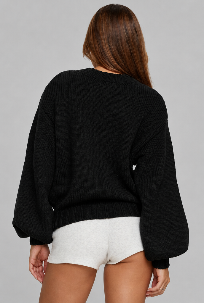 Oversized Ribbed Cardigan with Balloon Sleeves