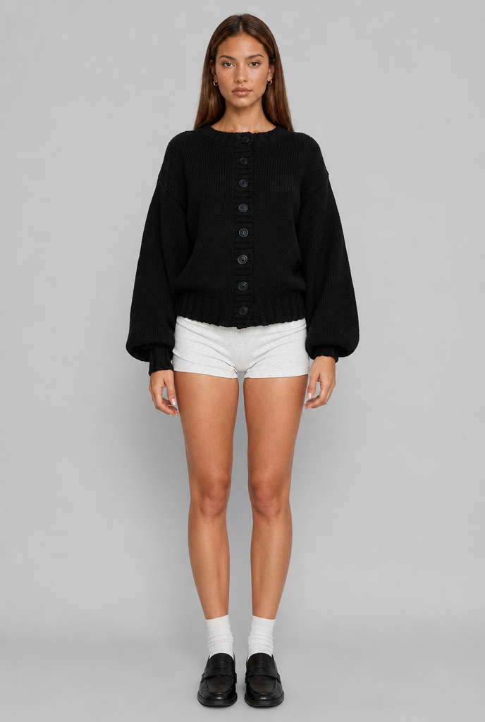 Oversized Ribbed Cardigan with Balloon Sleeves