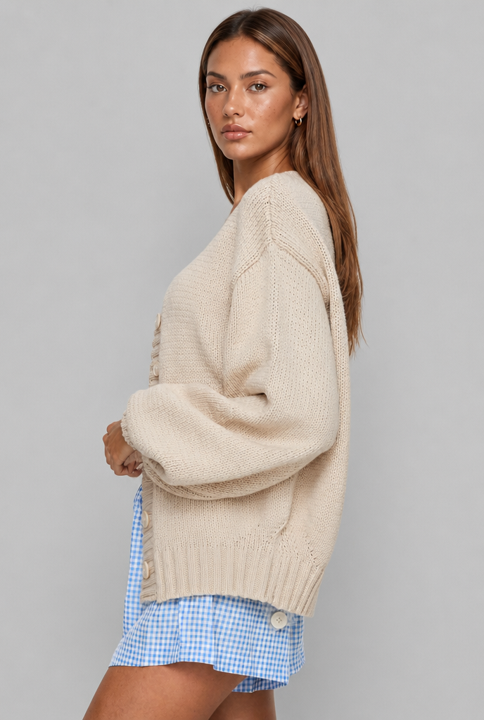 Oversized Ribbed Cardigan with Balloon Sleeves