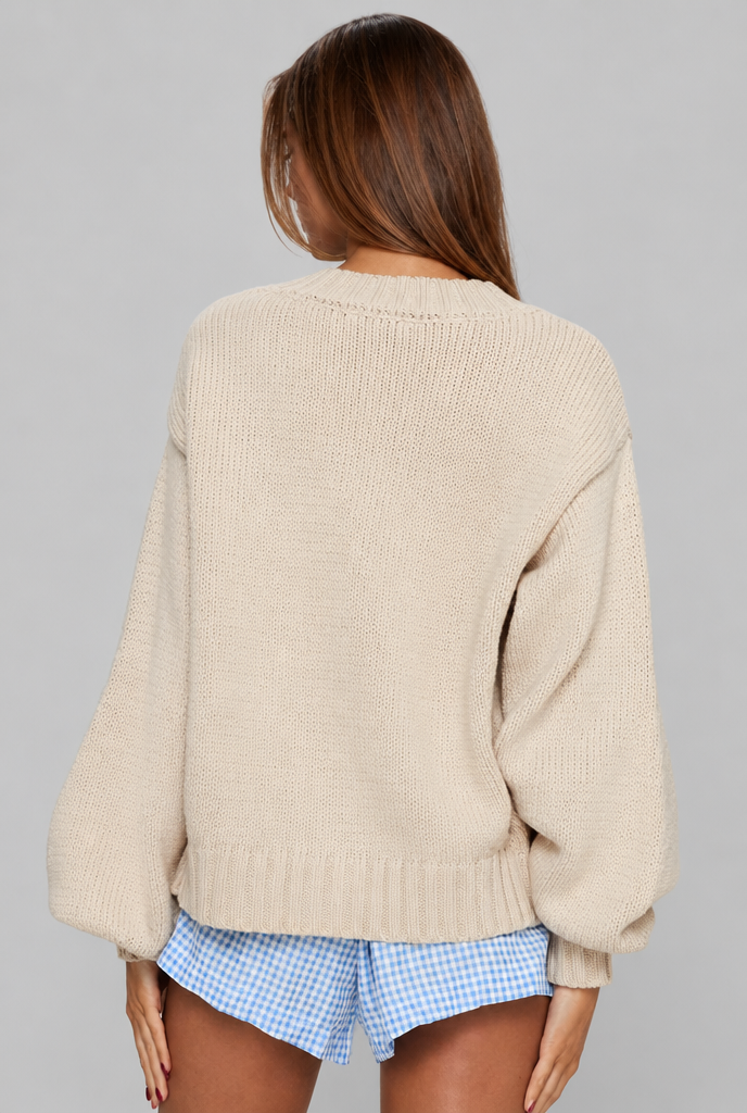 Oversized Ribbed Cardigan with Balloon Sleeves
