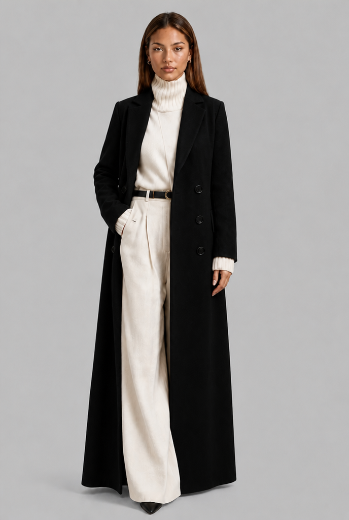 Longline Double-Breasted Coat in Wool-Look Fabric