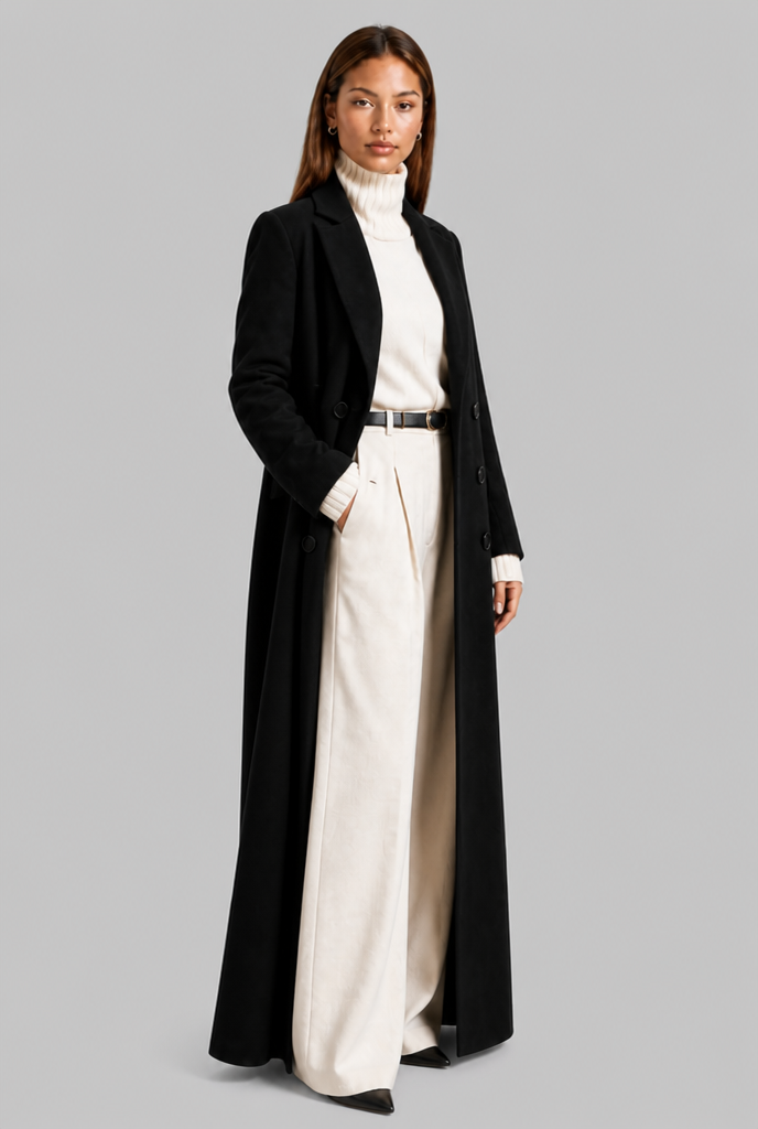 Longline Double-Breasted Coat in Wool-Look Fabric