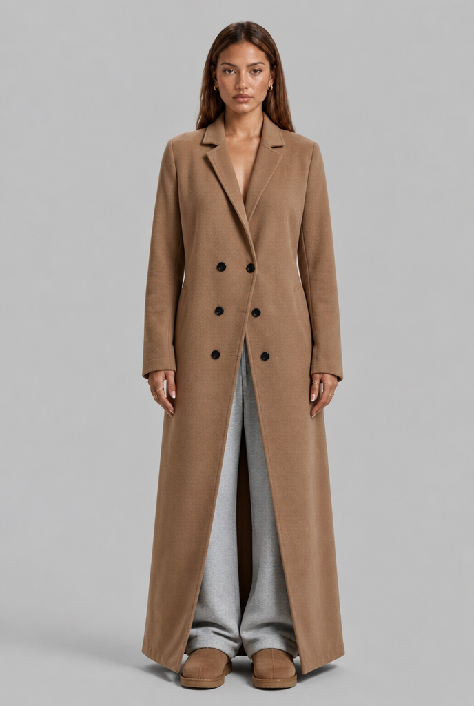 Longline Double-Breasted Coat in Wool-Look Fabric