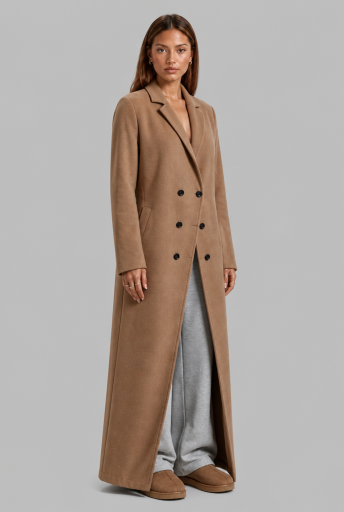 Longline Double-Breasted Coat in Wool-Look Fabric
