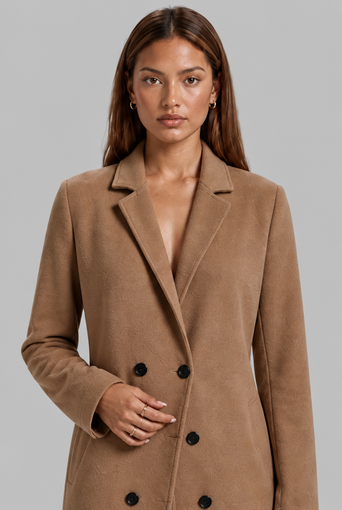 Longline Double-Breasted Coat in Wool-Look Fabric