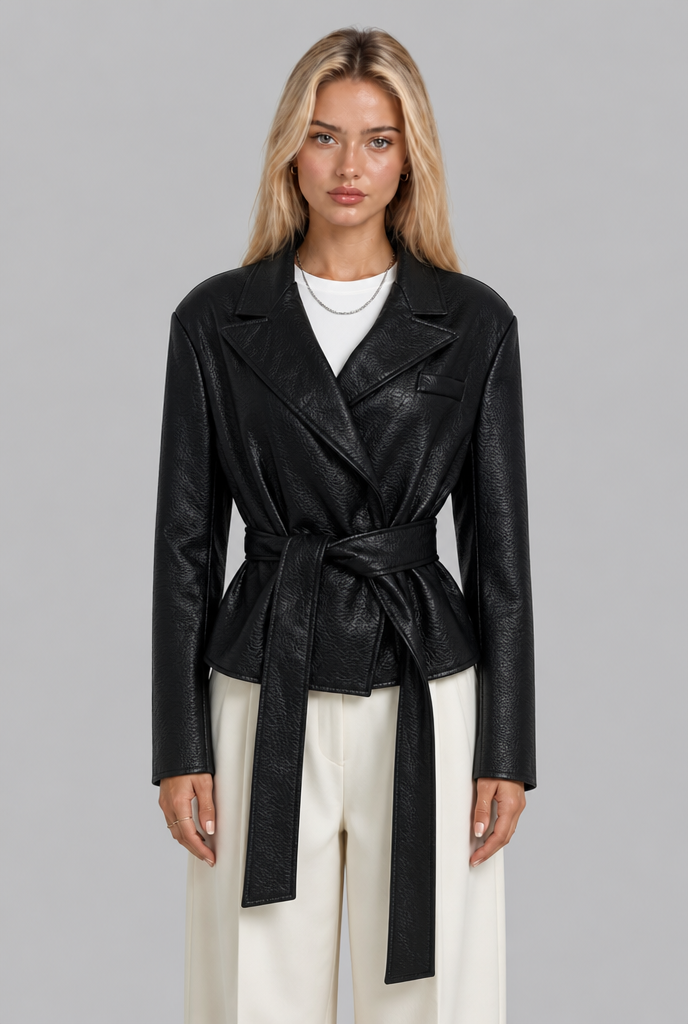 Faux Leather Peplum Jacket with Tie Belt