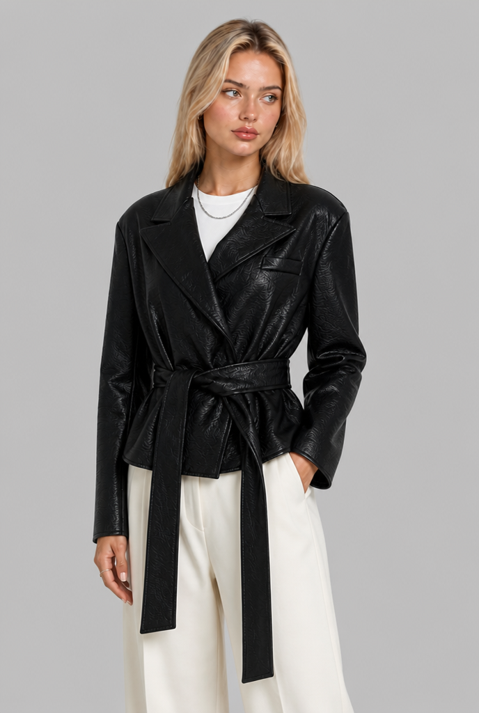 Faux Leather Peplum Jacket with Tie Belt