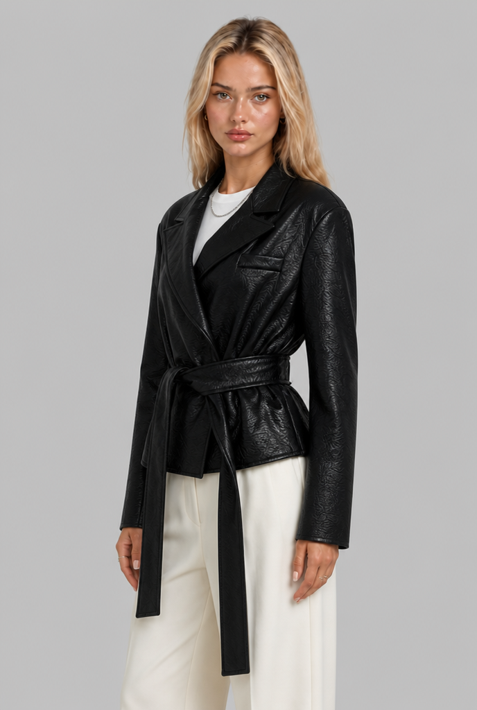 Faux Leather Peplum Jacket with Tie Belt