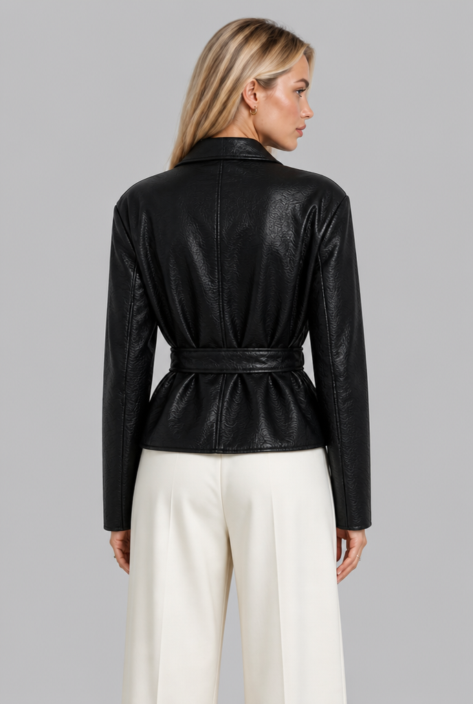 Faux Leather Peplum Jacket with Tie Belt