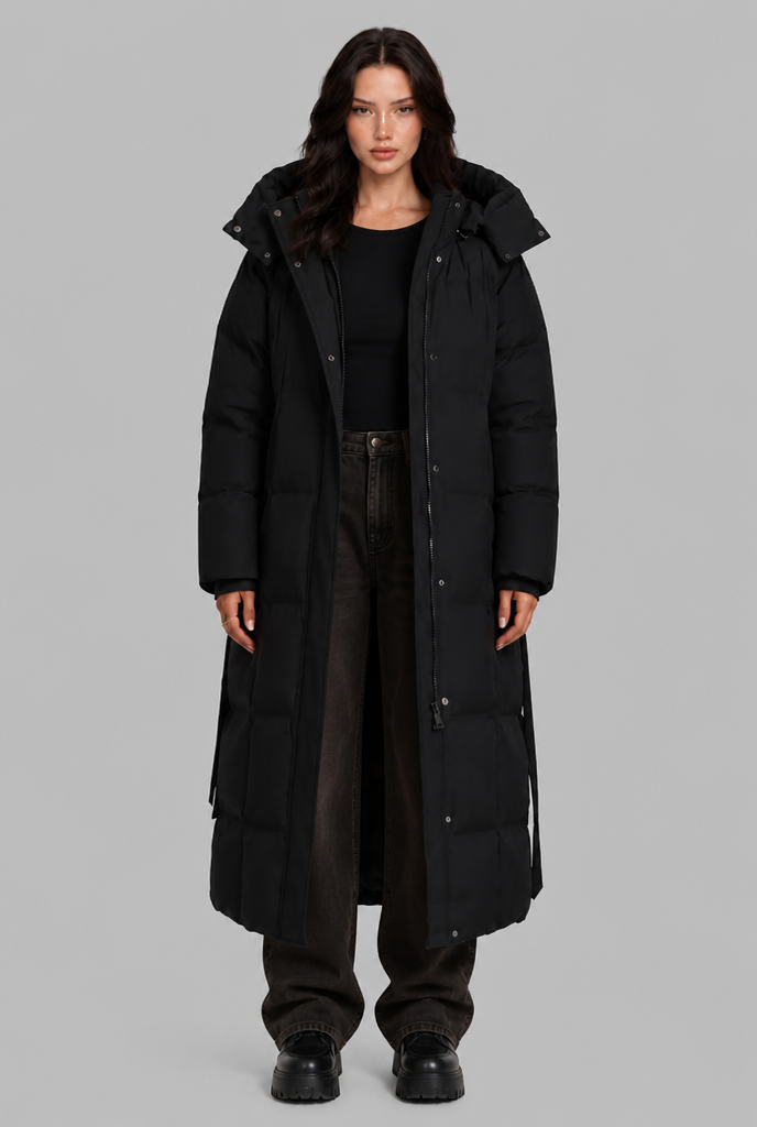 Long Hooded Padded Coat with Tie Belt