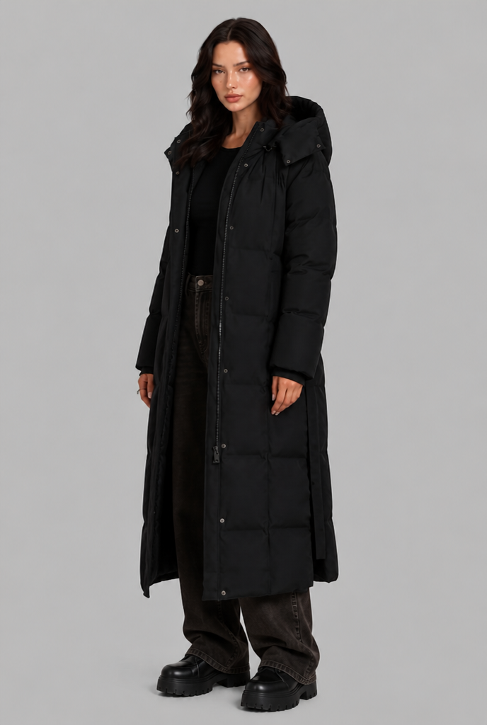 Long Hooded Padded Coat with Tie Belt