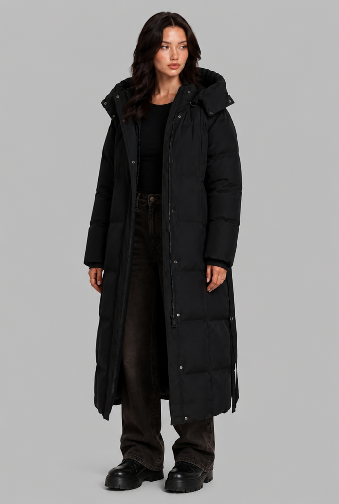 Long Hooded Padded Coat with Tie Belt