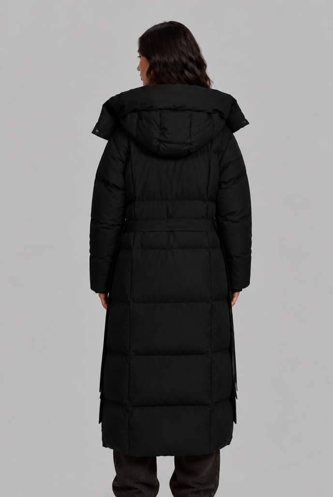 Long Hooded Padded Coat with Tie Belt