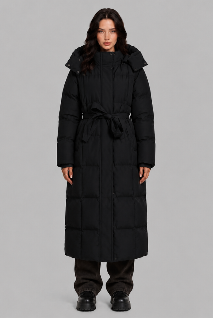 Long Hooded Padded Coat with Tie Belt