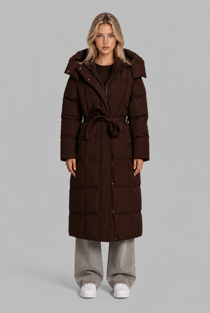 Long Hooded Padded Coat with Tie Belt