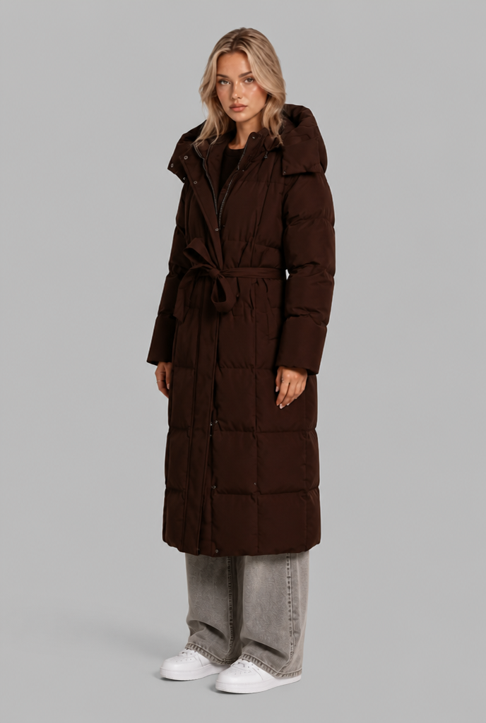 Long Hooded Padded Coat with Tie Belt