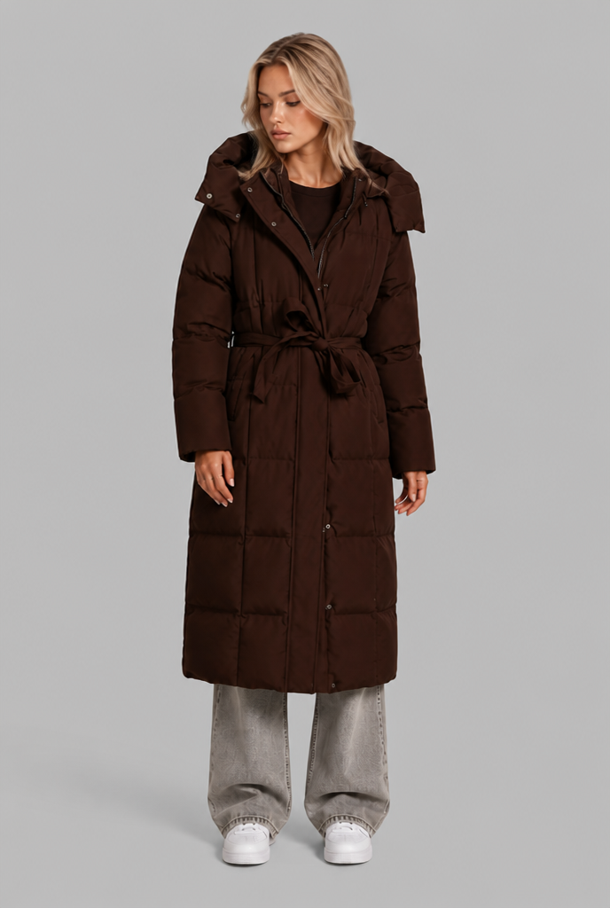 Long Hooded Padded Coat with Tie Belt