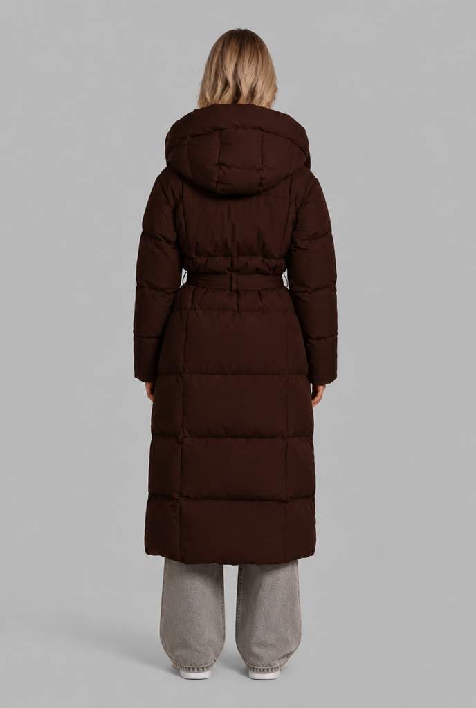Long Hooded Padded Coat with Tie Belt
