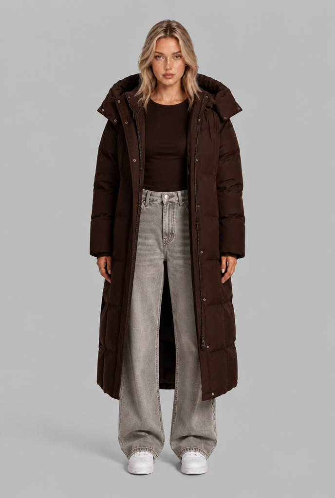 Long Hooded Padded Coat with Tie Belt