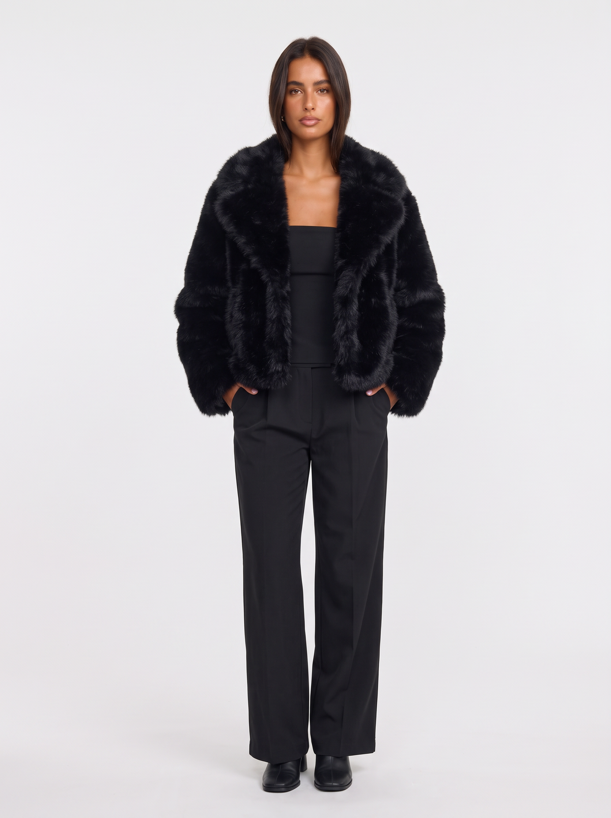 Cropped Faux Fur Jacket with Oversized Collar