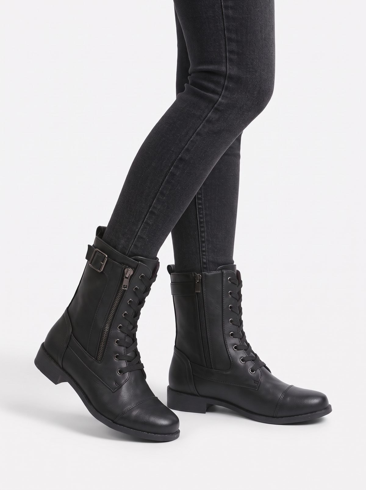 Lace-Up Leather Combat Boots with Side Zip