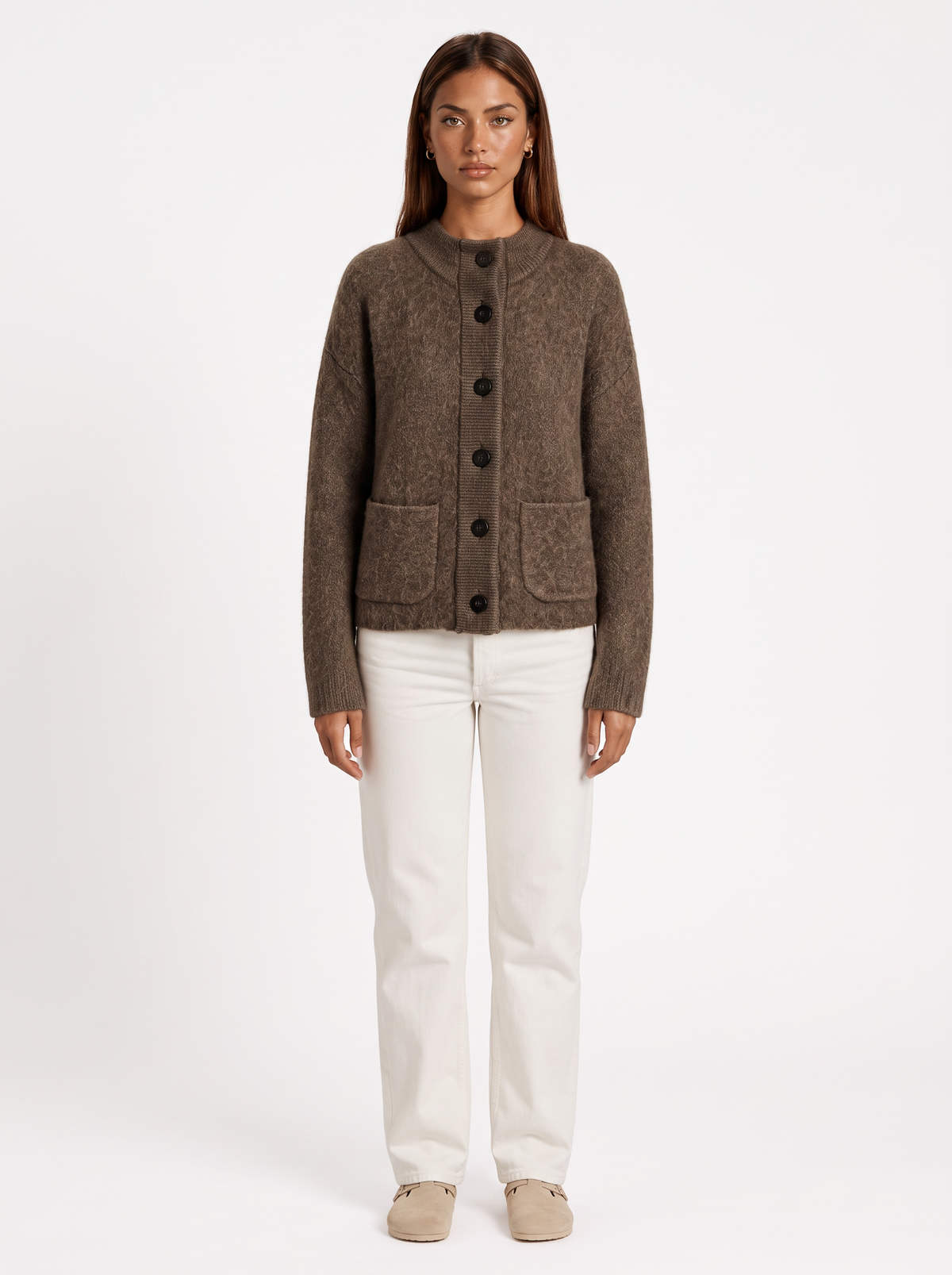 Cropped Chunky Knit Funnel Neck Cardigan