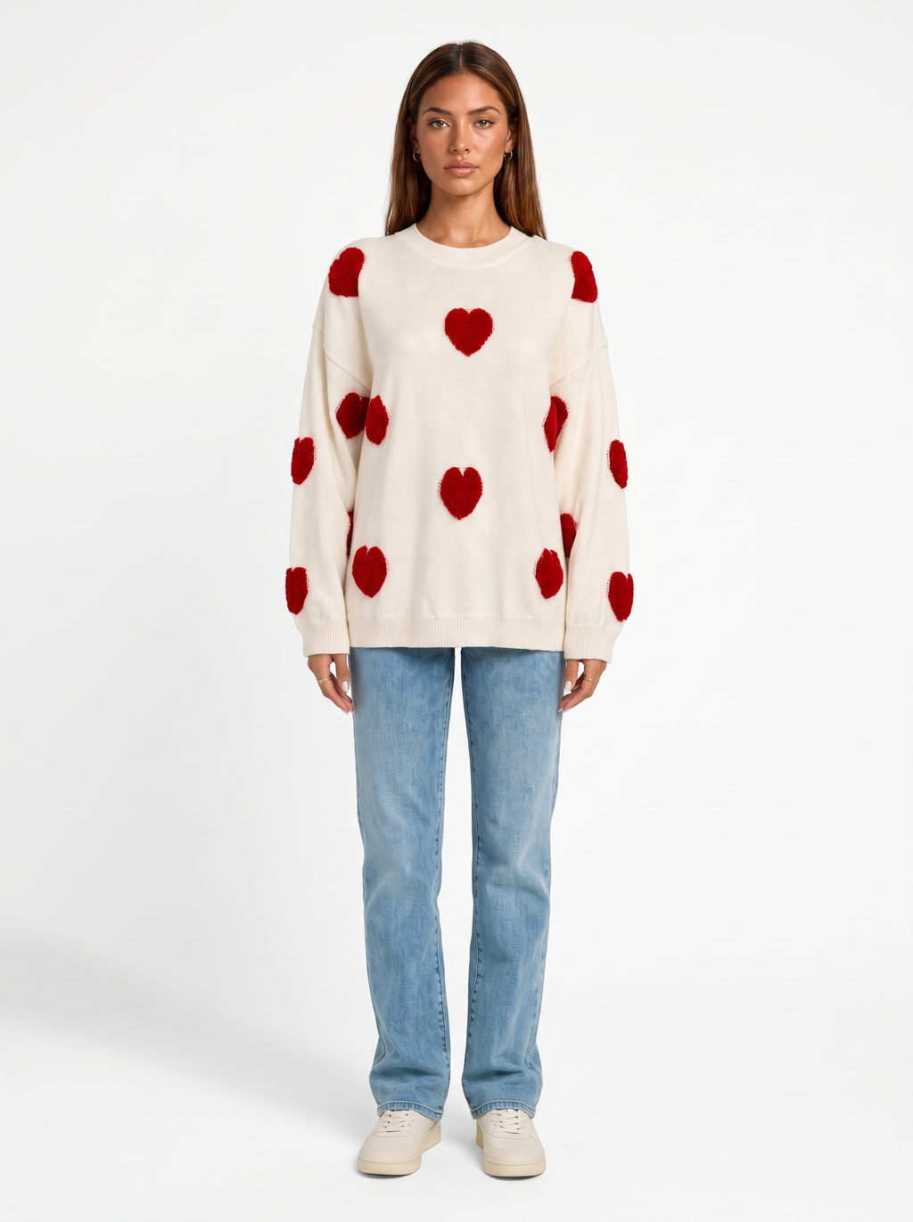 Oversized Crew Neck Jumper with Heart Appliqués