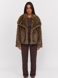 Cropped Brown Faux Fur Coat with Wide Lapels