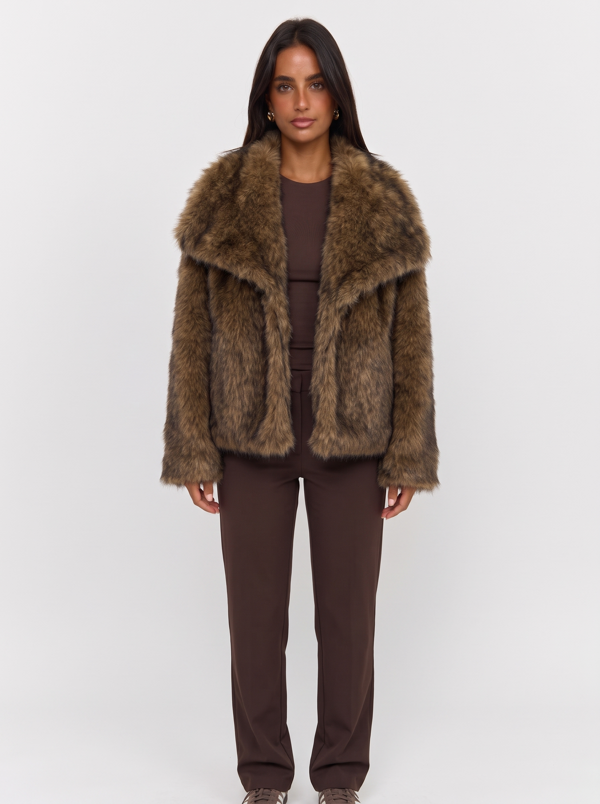 Cropped Brown Faux Fur Coat with Wide Lapels