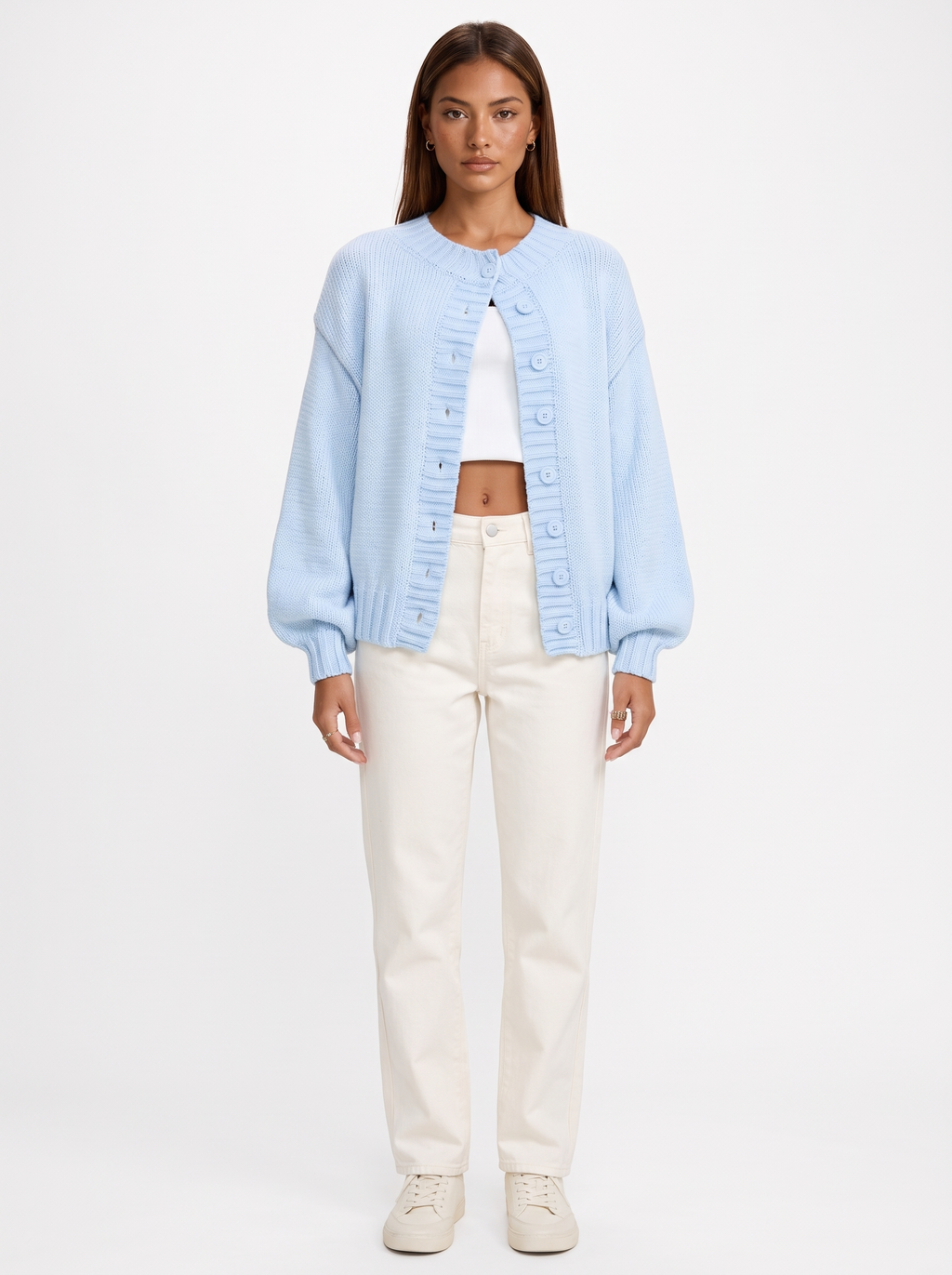Oversized Ribbed Cardigan with Balloon Sleeves
