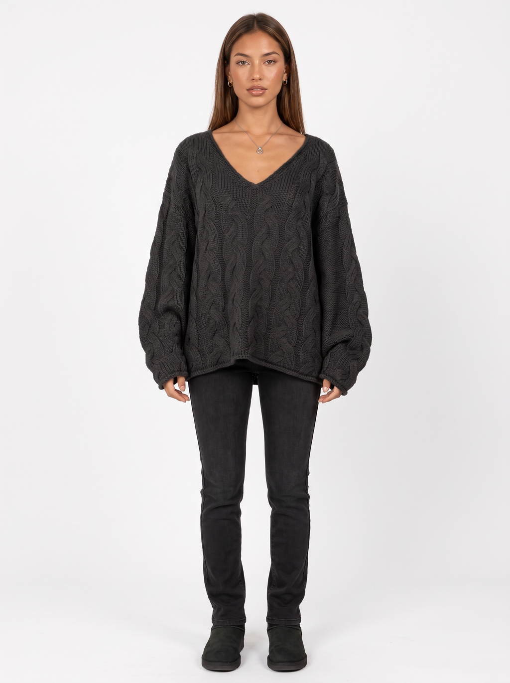 Oversized Cable Knit V-Neck Jumper