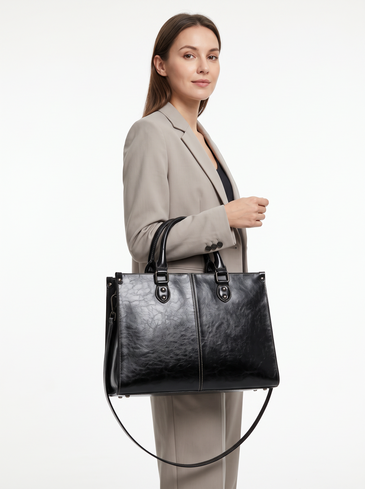 Black Structured Leather Work Bag