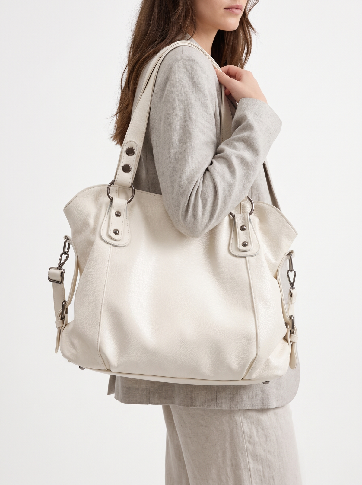 Zip-Top Vegan Leather Tote in Beige