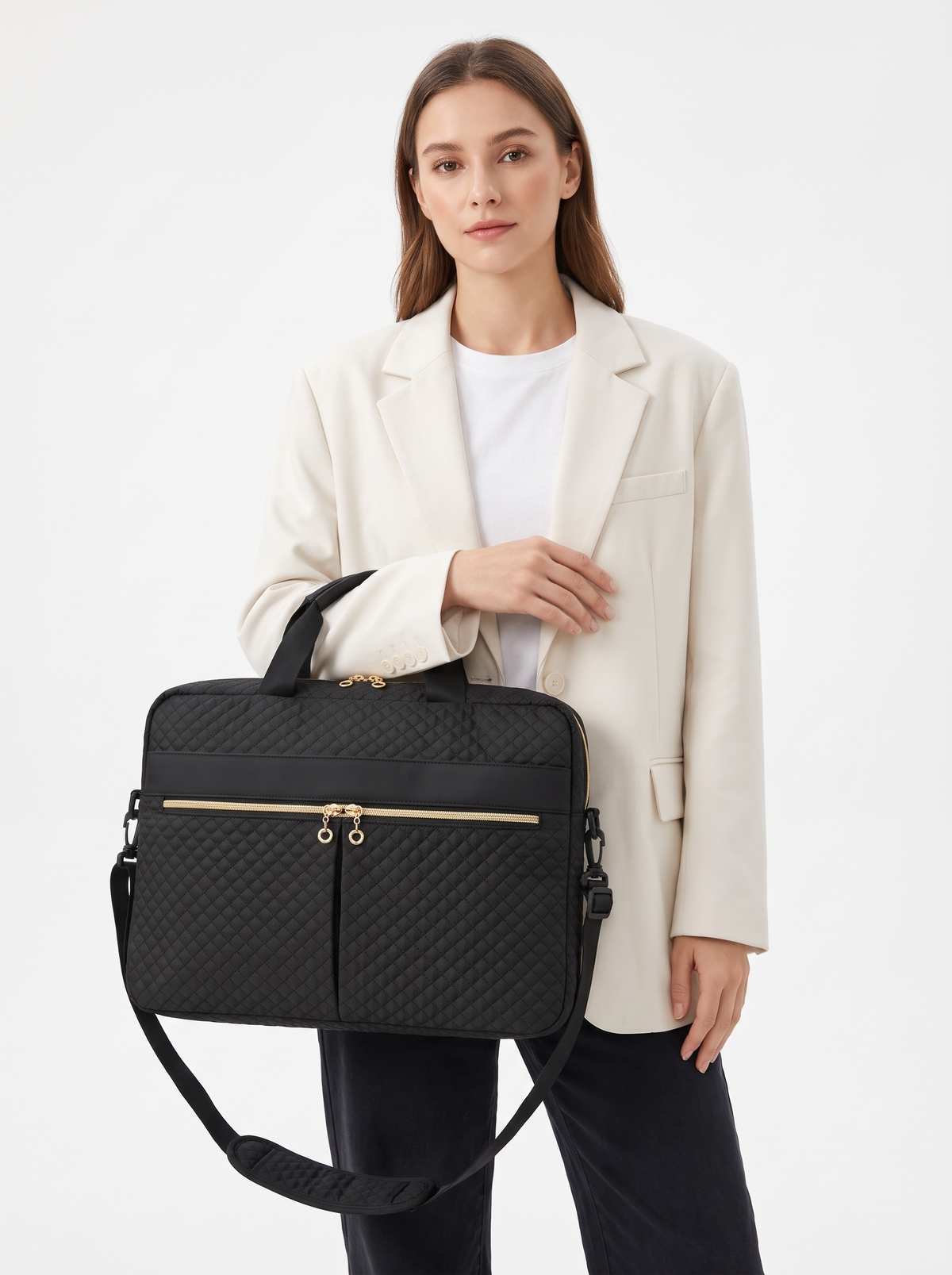 Quilted Laptop Bag with Front Zip Pockets