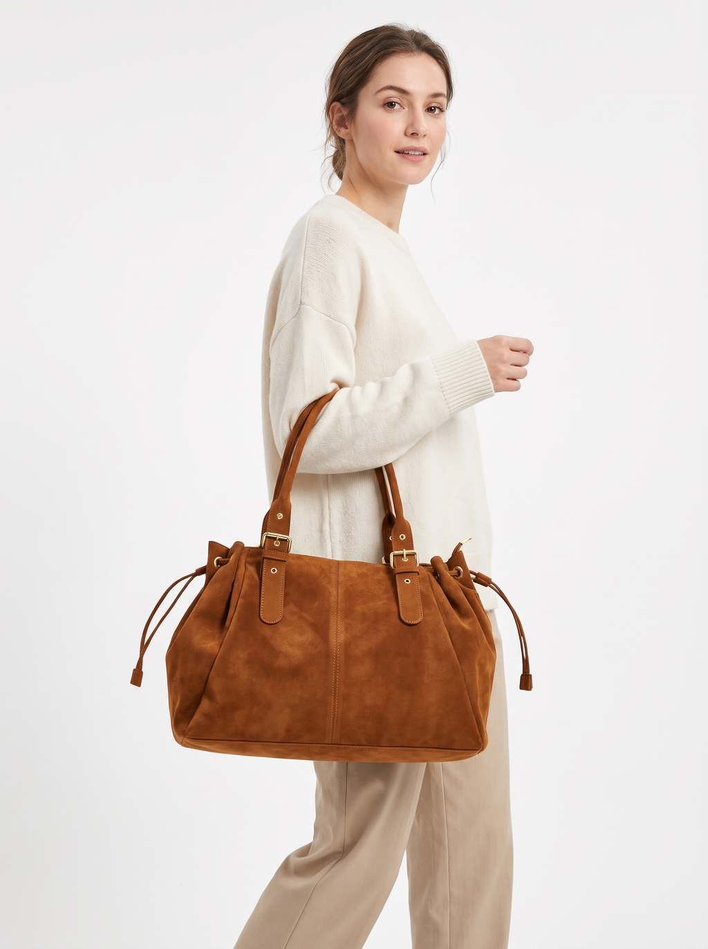 Structured Suede-Finish Tote with Side Cinches